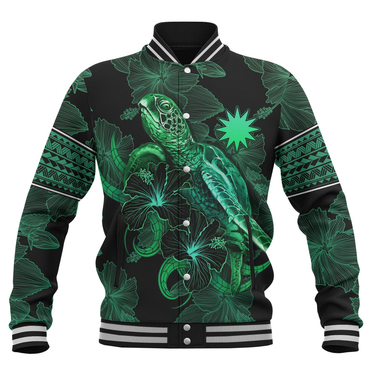 Nauru Baseball Jacket  Sea Turtle With Blooming Hibiscus Flowers Tribal Green