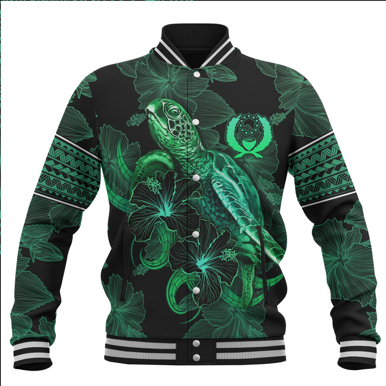 Pohnpei State Baseball Jacket  Sea Turtle With Blooming Hibiscus Flowers Tribal Green