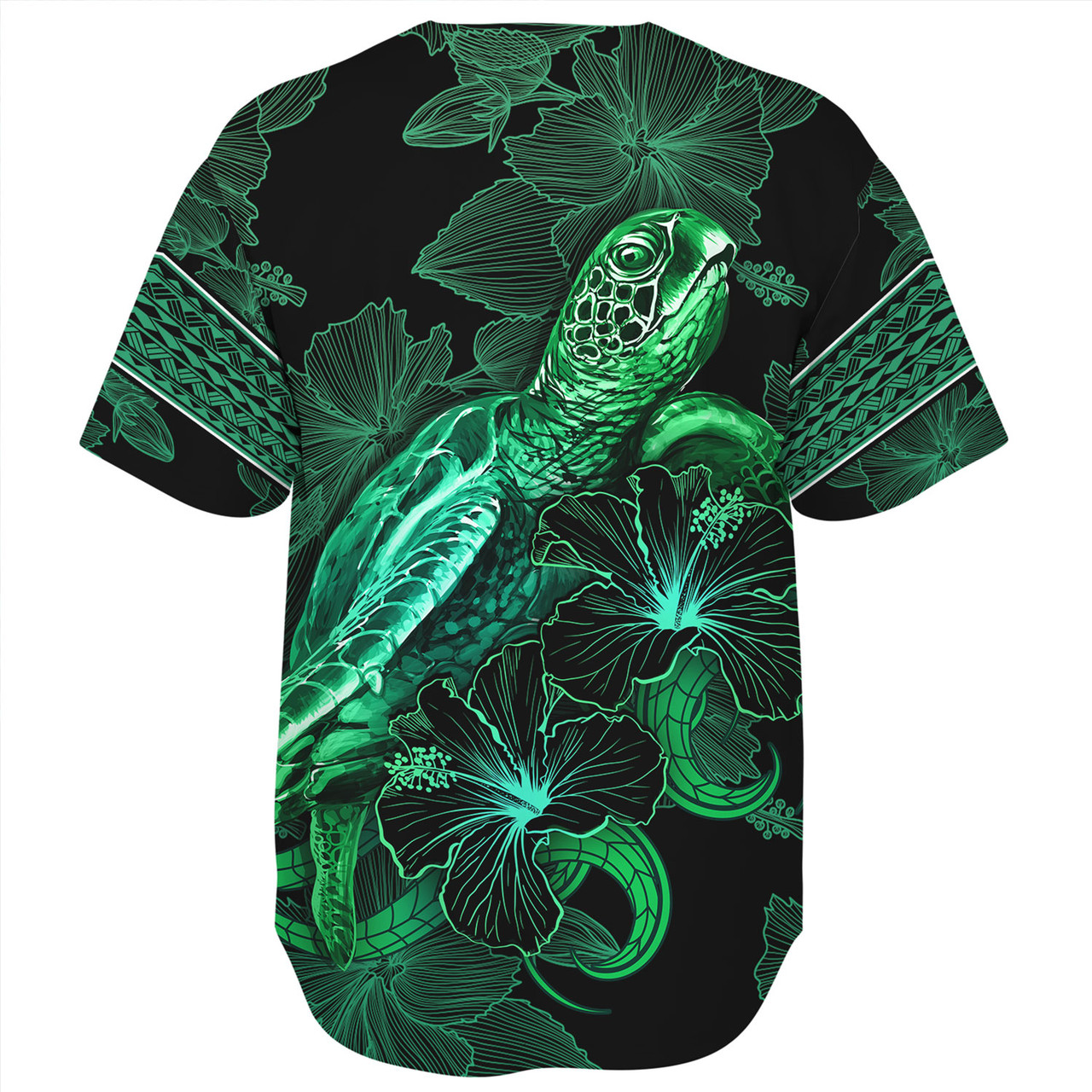 Tokelau Baseball Shirt  Sea Turtle With Blooming Hibiscus Flowers Tribal Green