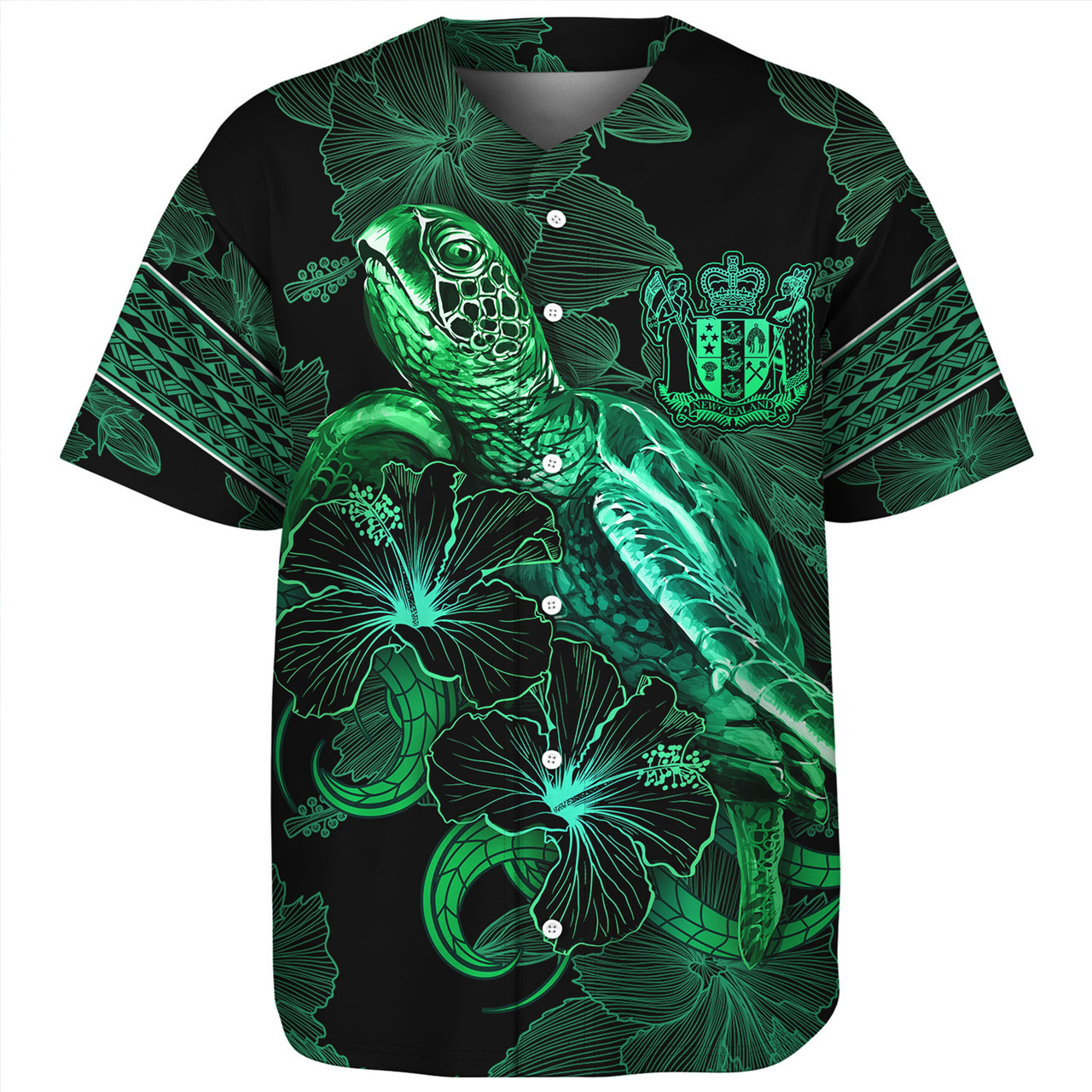 New Zealand Baseball Shirt  Sea Turtle With Blooming Hibiscus Flowers Tribal Green