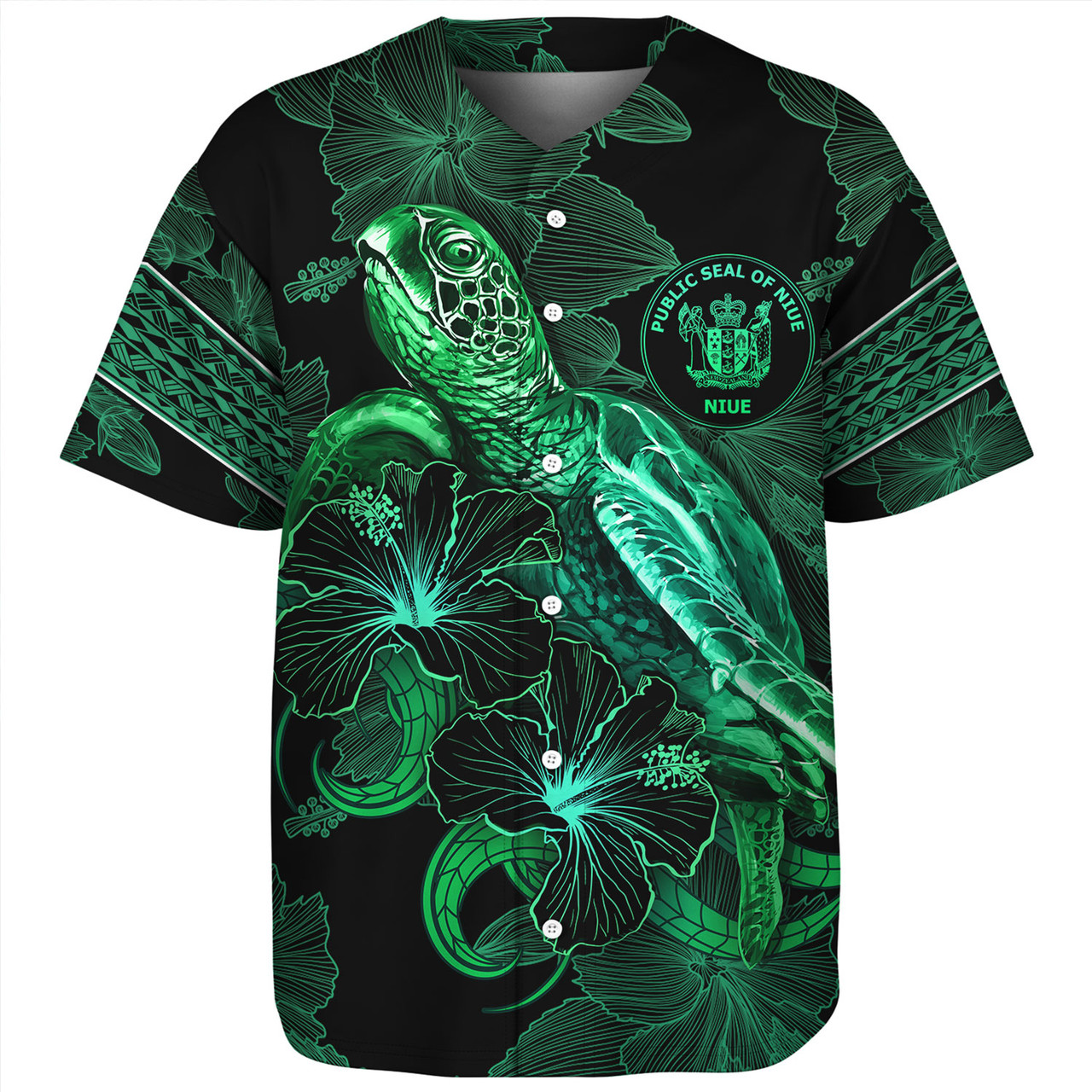 Niue Baseball Shirt  Sea Turtle With Blooming Hibiscus Flowers Tribal Green