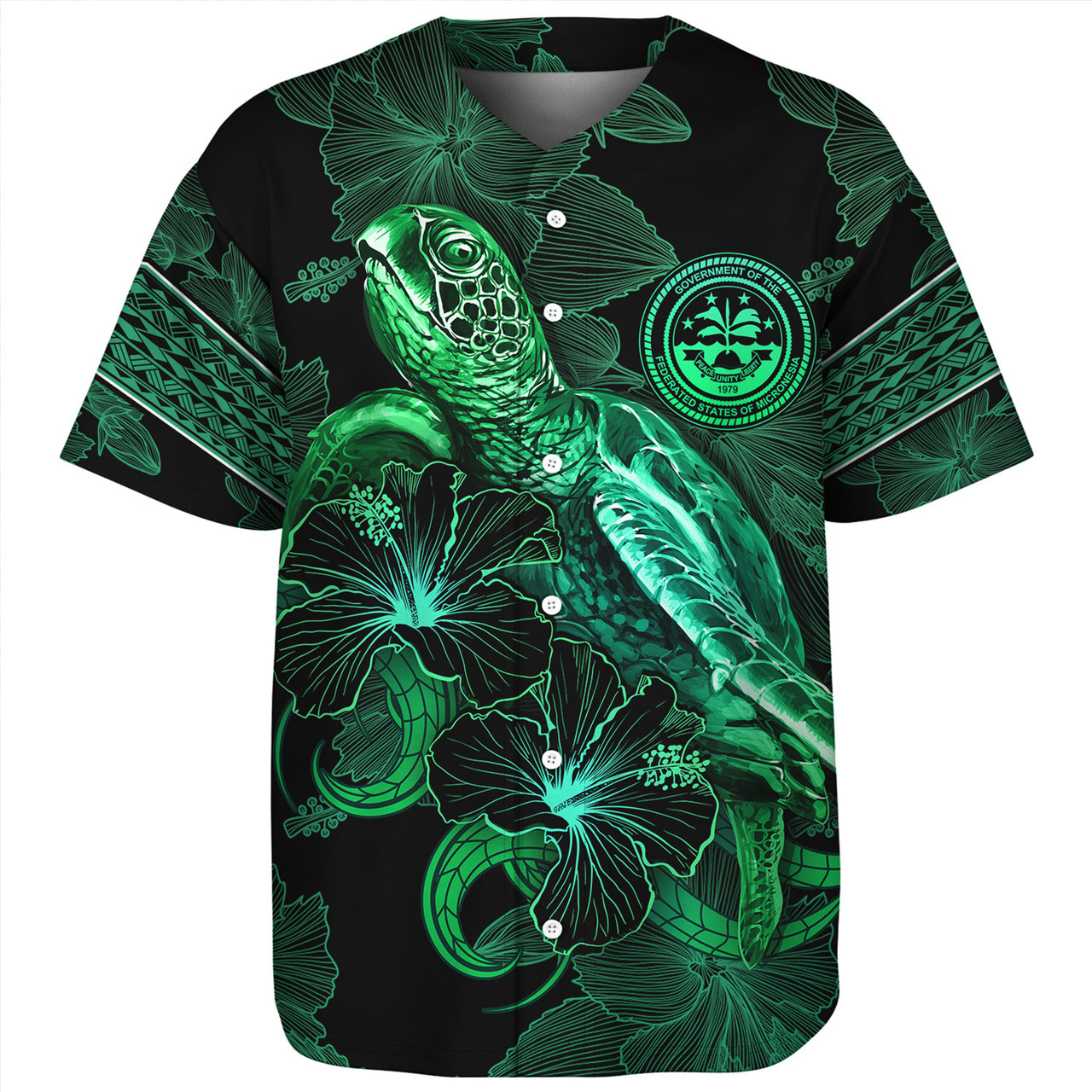 Federated States Of Micronesia Baseball Shirt  Sea Turtle With Blooming Hibiscus Flowers Tribal Green
