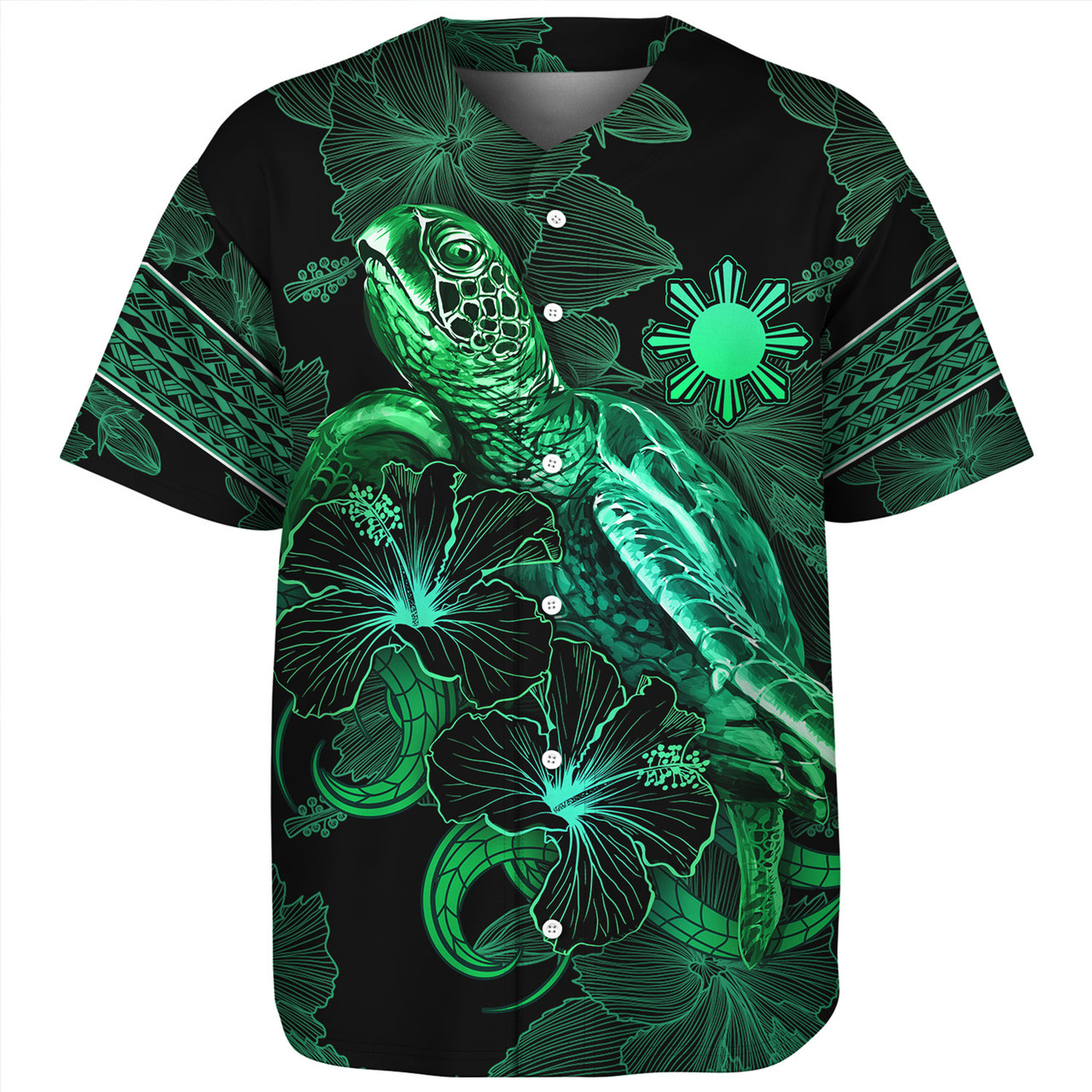 Philippines Filipinos Baseball Shirt  Sea Turtle With Blooming Hibiscus Flowers Tribal Green