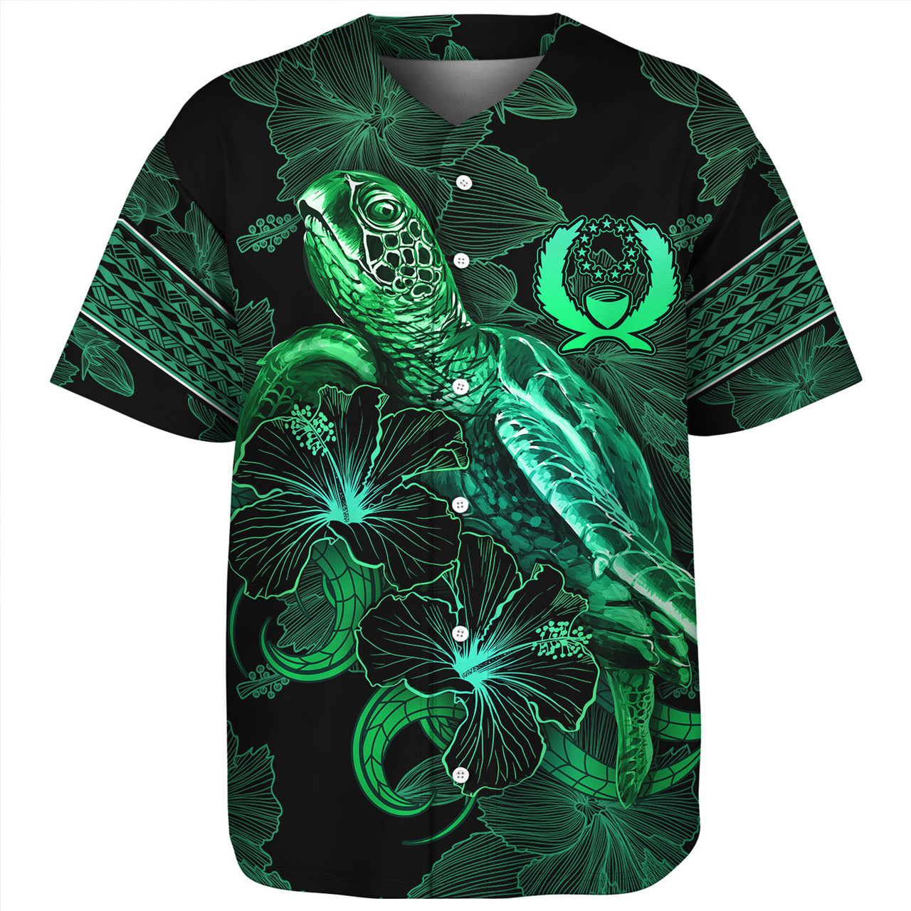 Pohnpei State Baseball Shirt  Sea Turtle With Blooming Hibiscus Flowers Tribal Green