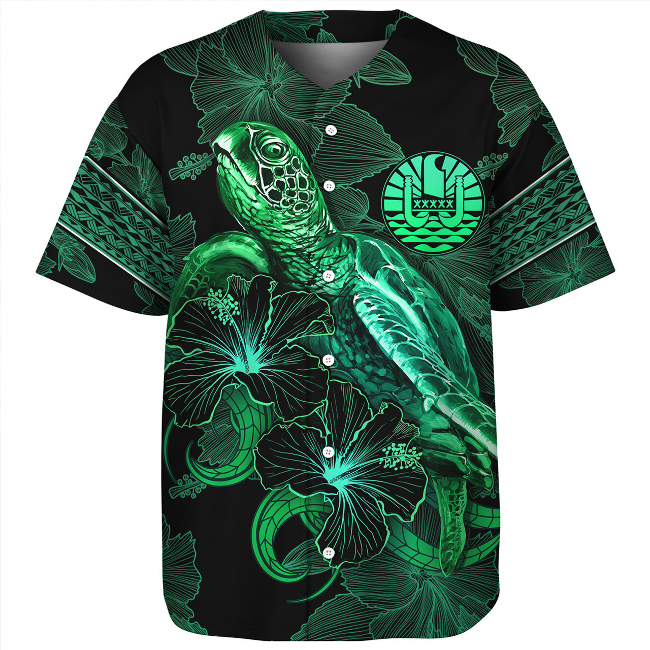 French Polynesia Baseball Shirt  Sea Turtle With Blooming Hibiscus Flowers Tribal Green