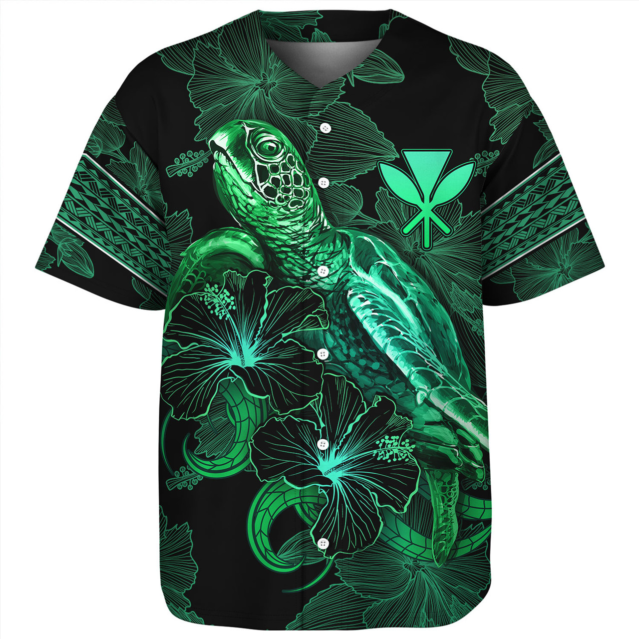 Hawaii Kanaka Maoli Baseball Shirt  Sea Turtle With Blooming Hibiscus Flowers Tribal Green