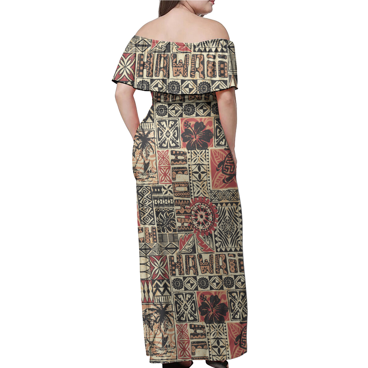Hawaii Woman Off Shoulder Long Dress Hawaiian Style Tribal Fabric Patchwork
