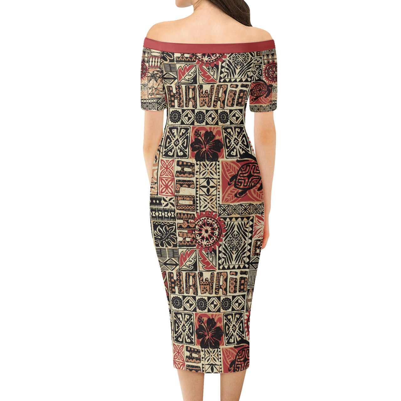 Hawaii Short Sleeve Off The Shoulder Lady Dress - Hawaiian Style Tribal Fabric Patchwork