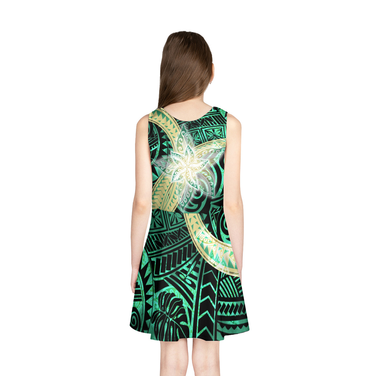 Polynesian Patterns Plumeria Flowers Green Color Style Girls Sleeveless Sundress