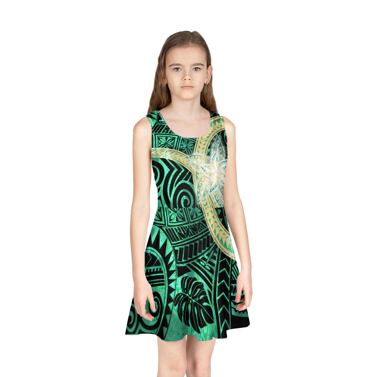 Polynesian Patterns Plumeria Flowers Green Color Style Girls Sleeveless Sundress