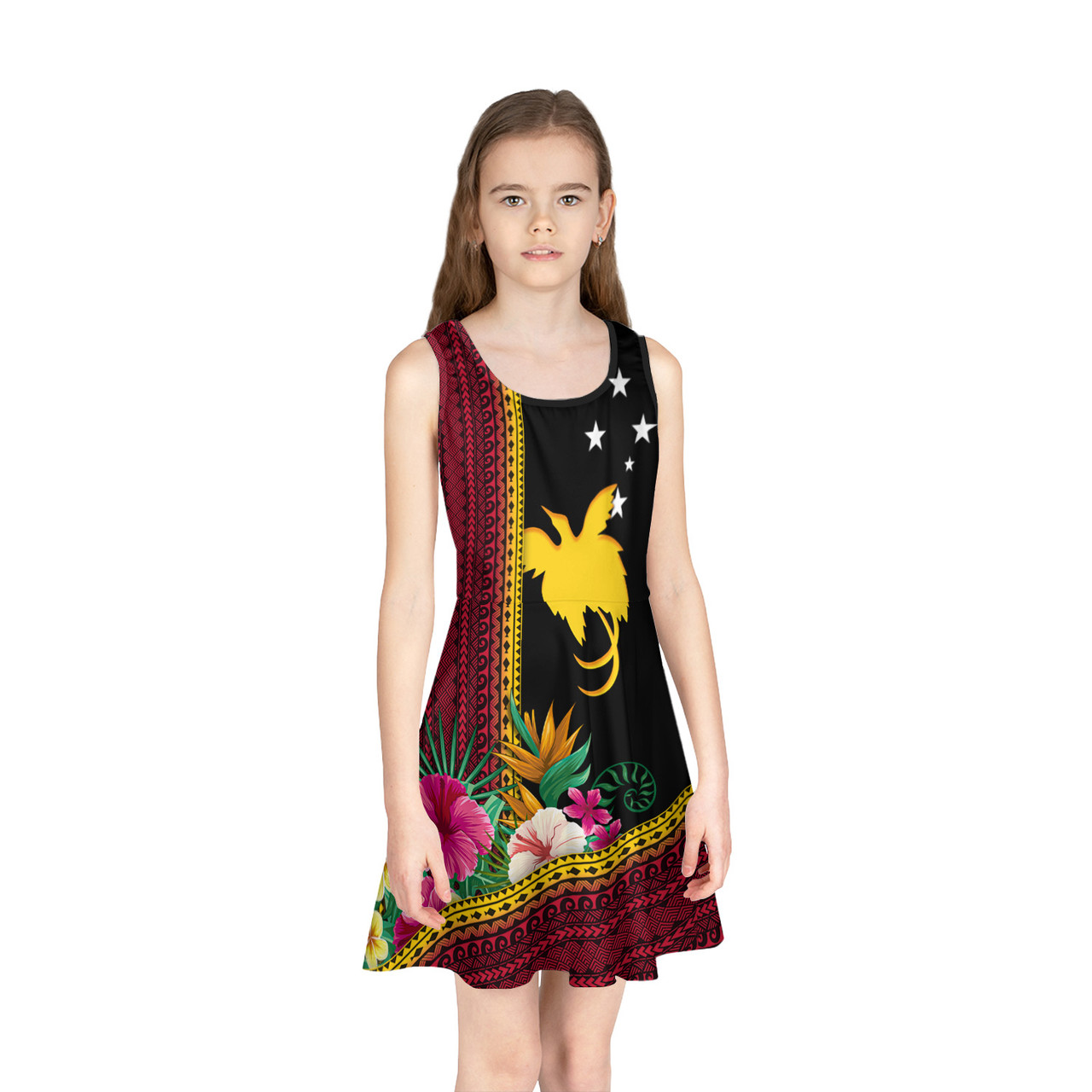 Papua New Guinea Girls Sleeveless Sundress Paradise Bird With Polynesian Pattern