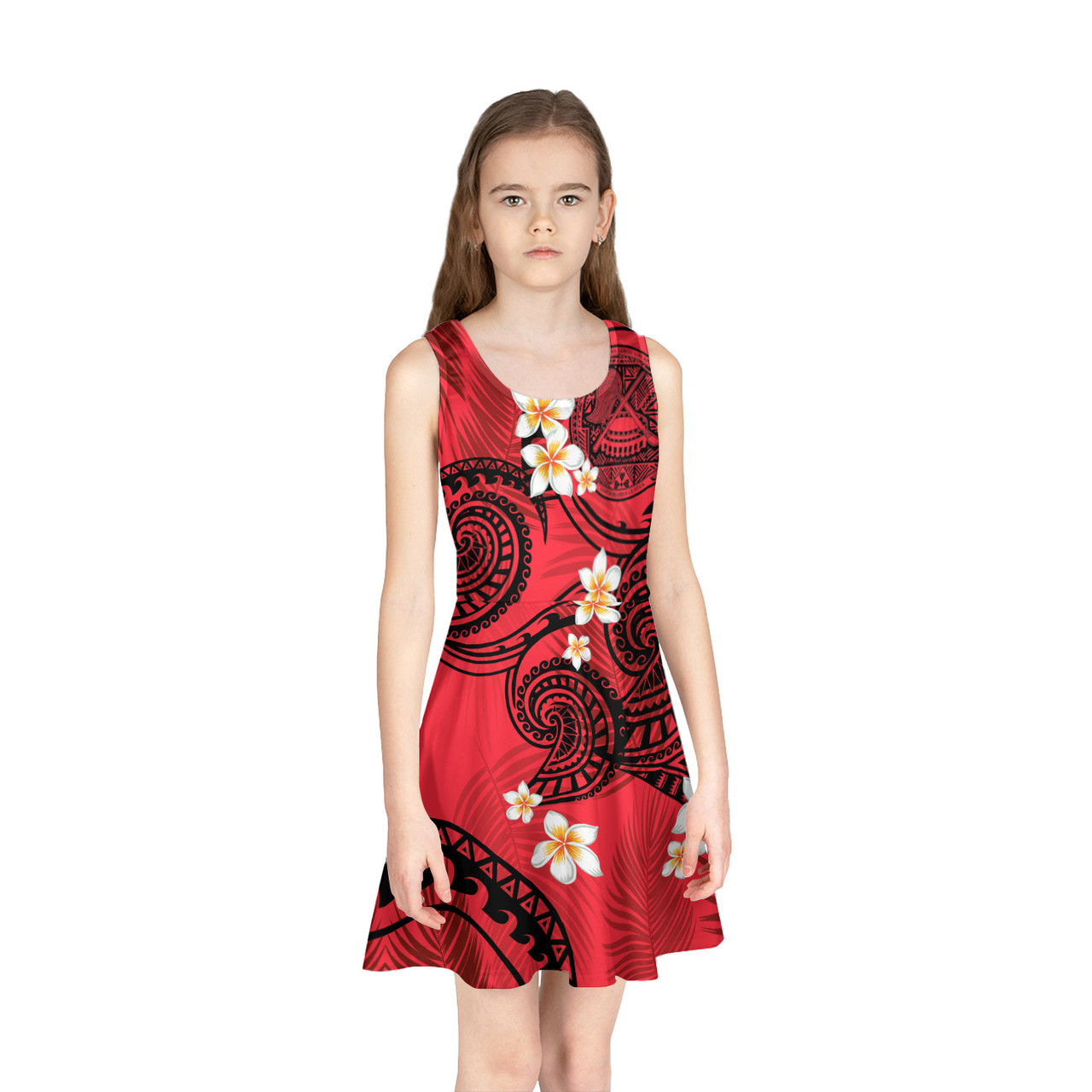 Hawaii Girls Sleeveless Sundress Plumeria Flowers Tribal Motif Red Version