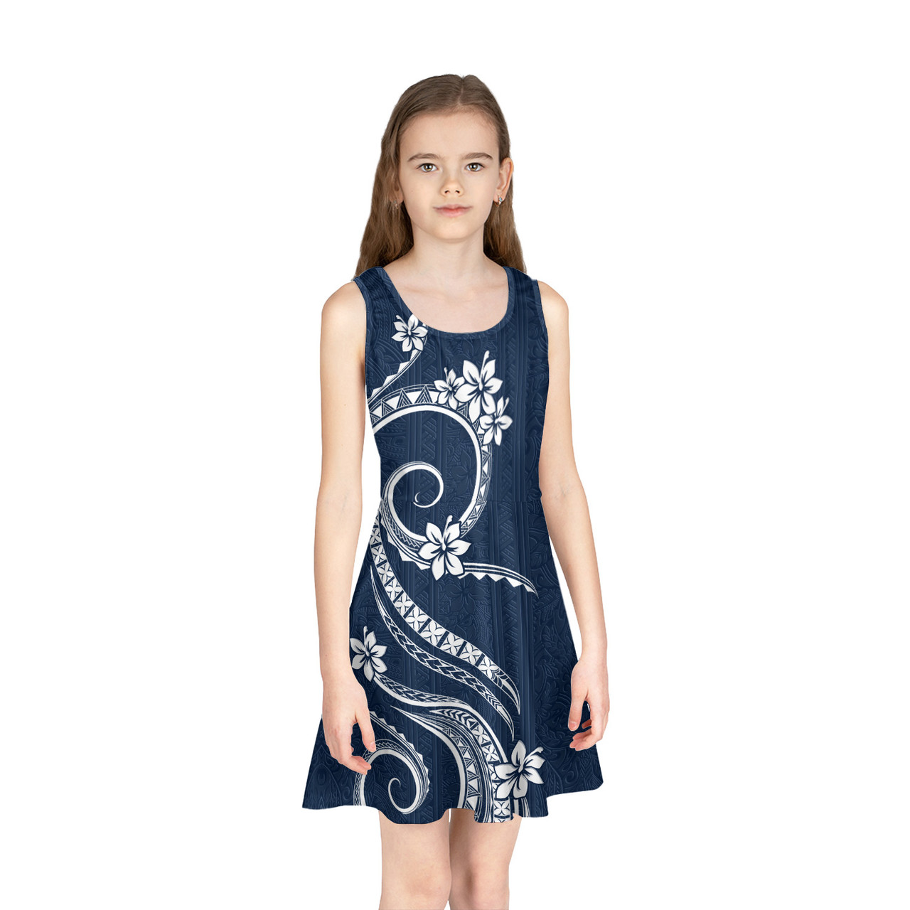 Hawaii Girls Sleeveless Sundress Polynesian Pattern Blue Version