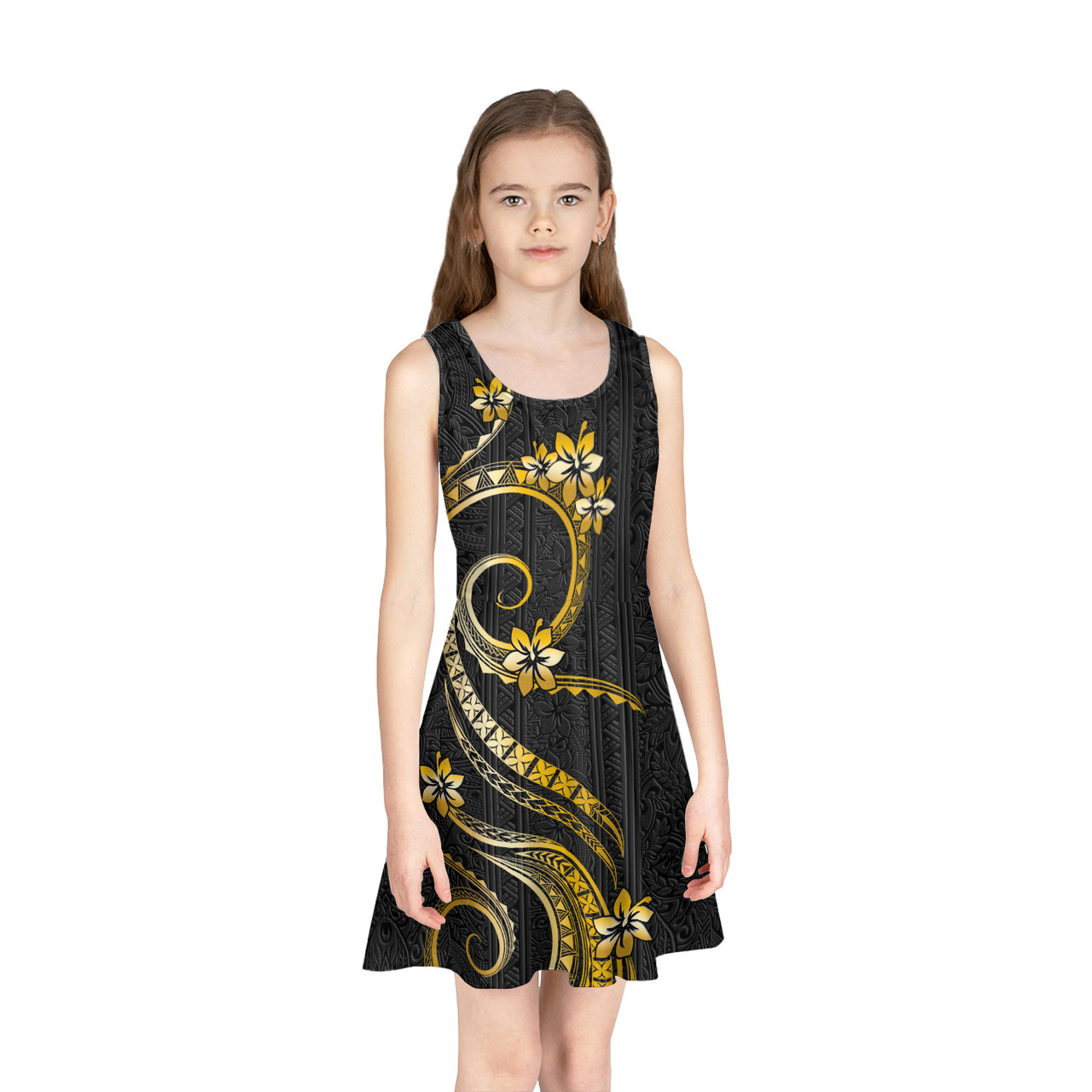 Hawaii Girls Sleeveless Sundress Polynesian Pattern Gold Version