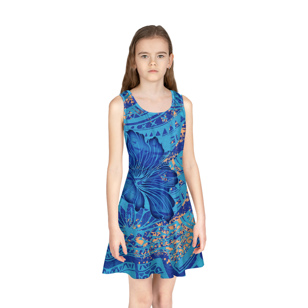 Hawaii Girls Sleeveless Sundress Blue Hibiscus With Polynesian Pattern