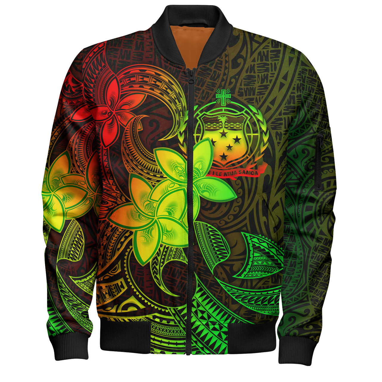 Samoa Bomber Jacket Plumeria Flowers Vintage Style Reggae Colors