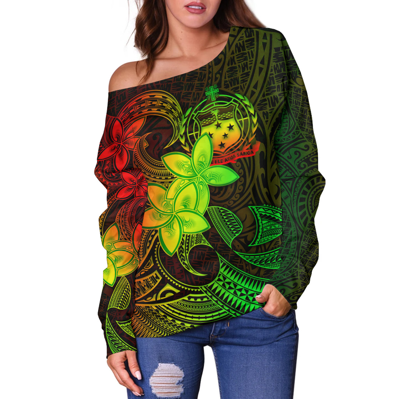 Samoa Off Shoulder Sweatshirt Plumeria Flowers Vintage Style Reggae Colors