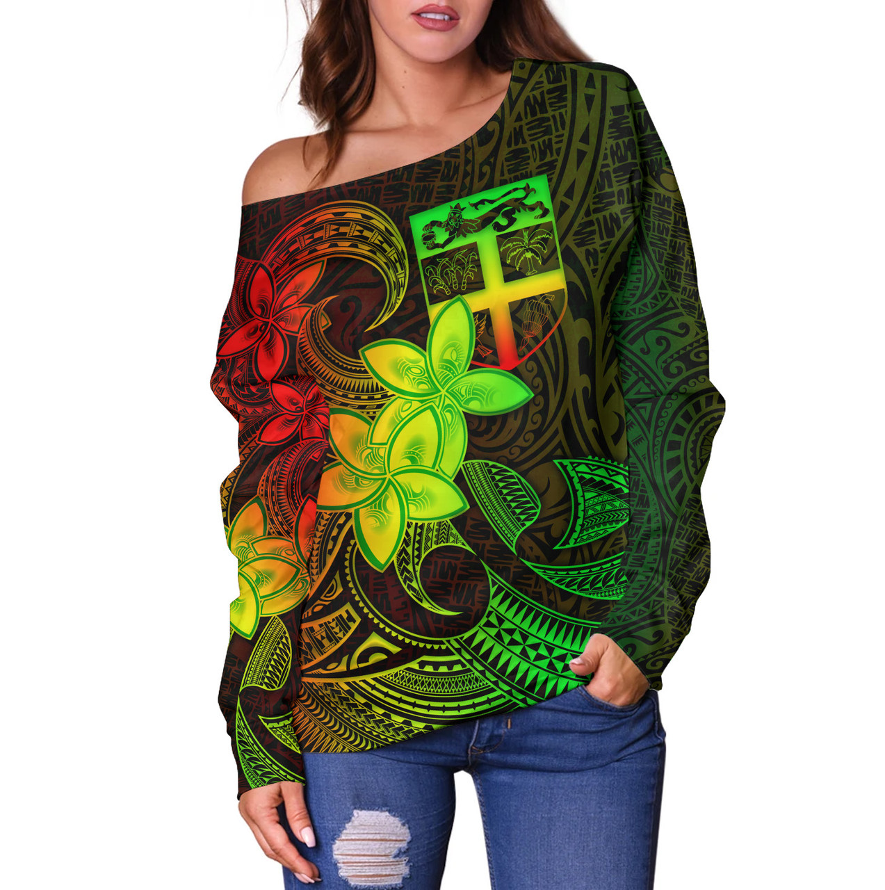 Fiji Off Shoulder Sweatshirt Plumeria Flowers Vintage Style Reggae Colors