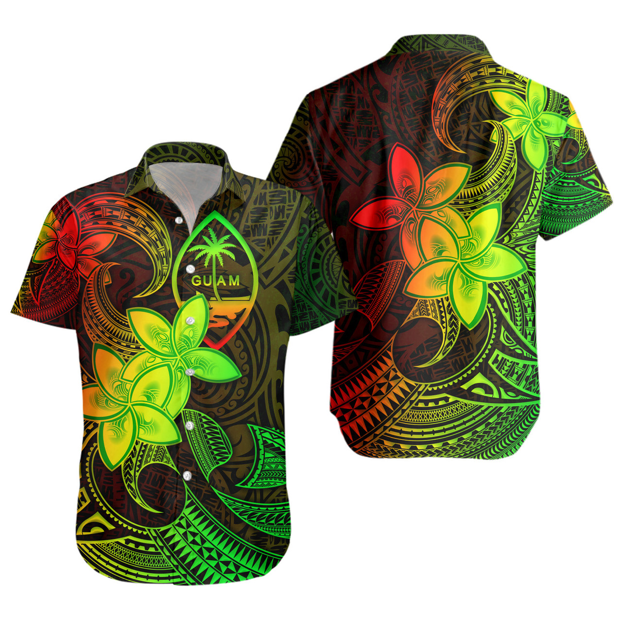 Guam Short Sleeve Shirt Plumeria Flowers Vintage Style Reggae Colors