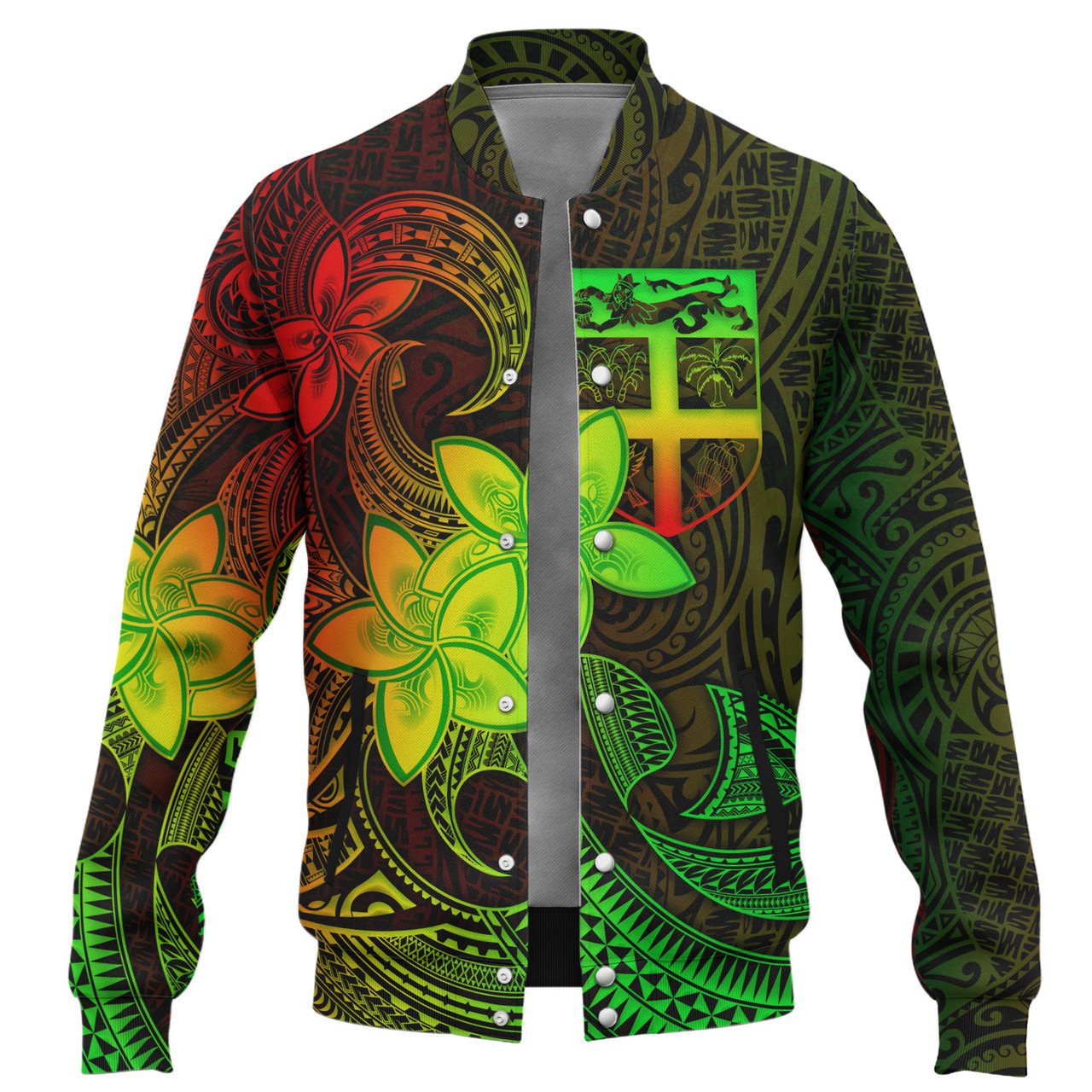 Fiji Baseball Jacket Plumeria Flowers Vintage Style Reggae Colors