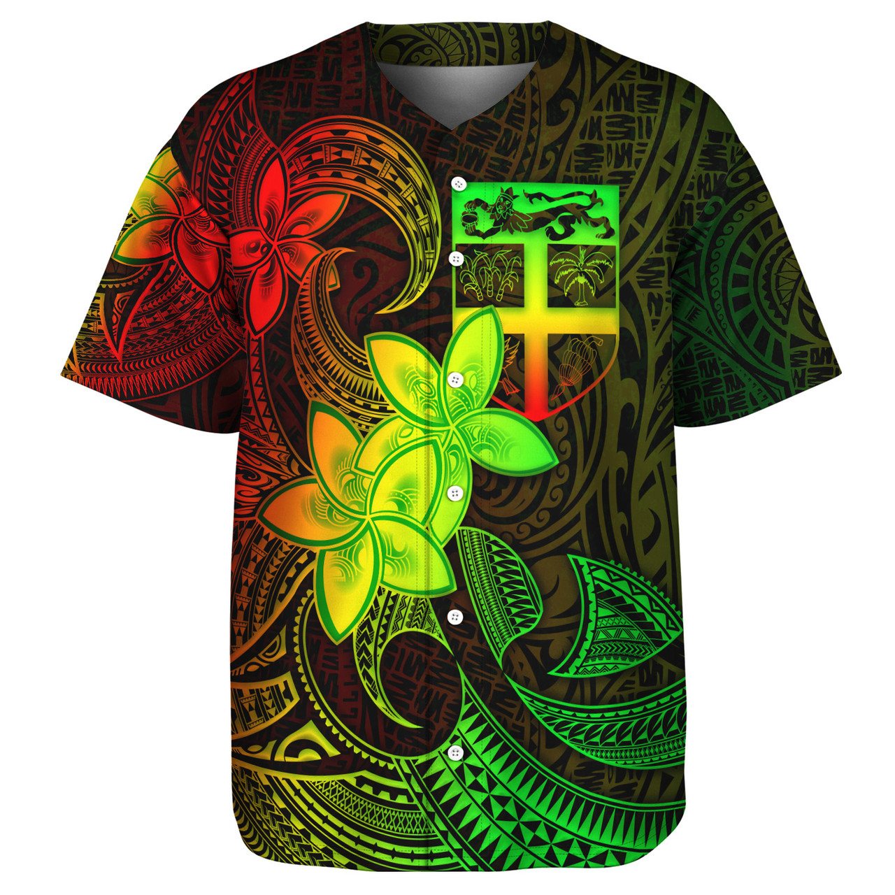 Fiji Baseball Shirt Plumeria Flowers Vintage Style Reggae Colors