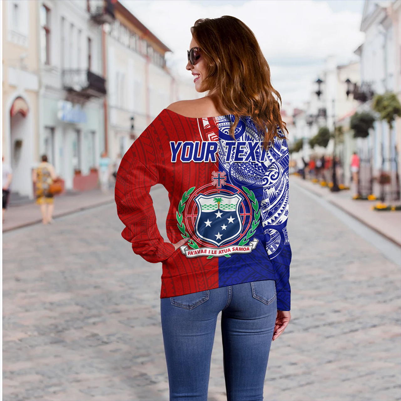 Samoa Off Shoulder Sweatshirt CustomHalf Style Flag And Coat Of Arms