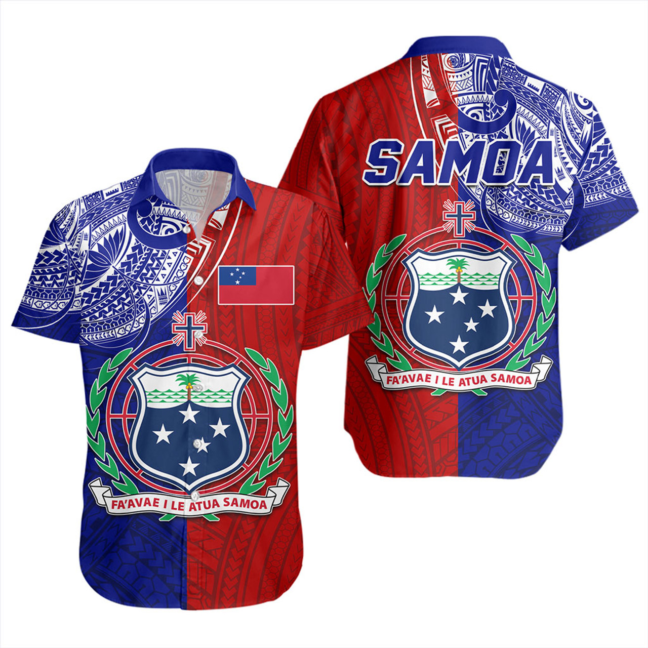 Samoa Short Sleeve Shirt CustomHalf Style Flag And Coat Of Arms