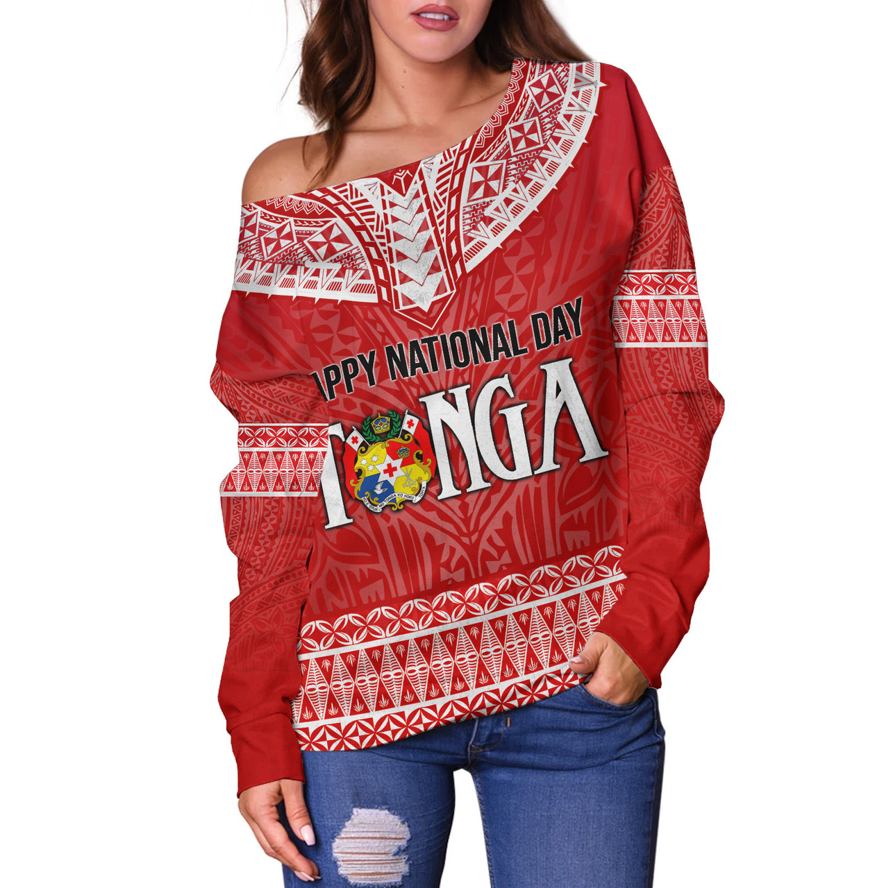 Tonga Custom Personalised Off Shoulder Sweatshirt Happy National Day