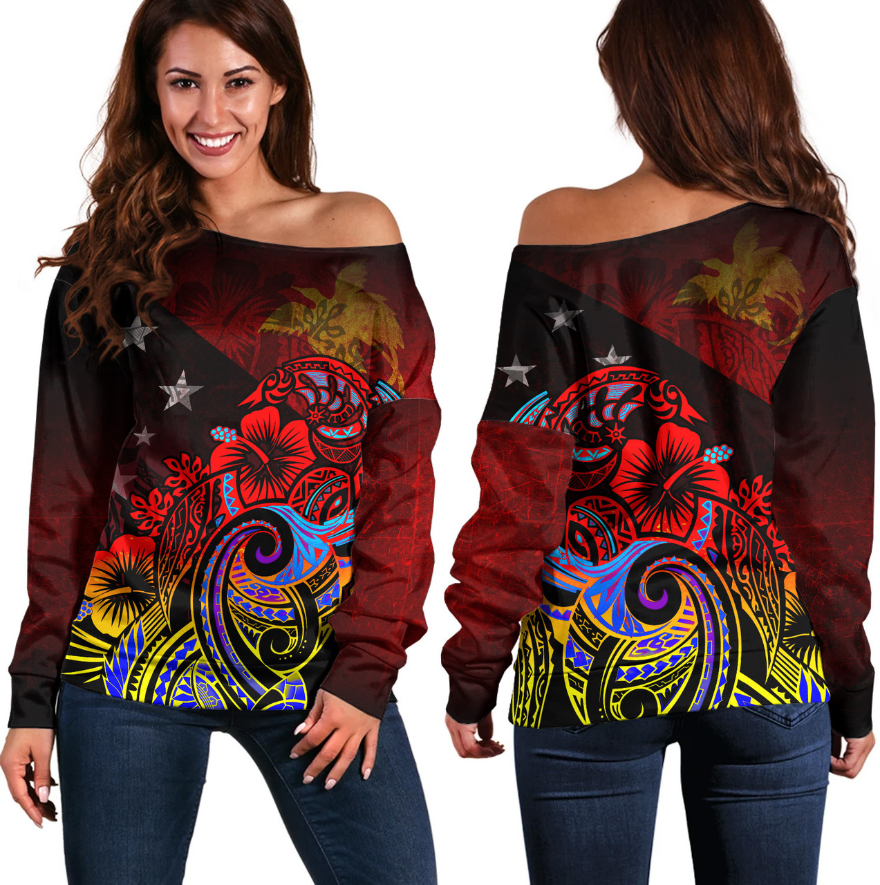 Papua New Guinea Off Shoulder Sweatshirt Birds Of Paradise With Flag Color Style