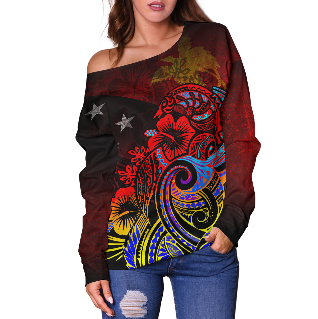 Papua New Guinea Off Shoulder Sweatshirt Birds Of Paradise With Flag Color Style