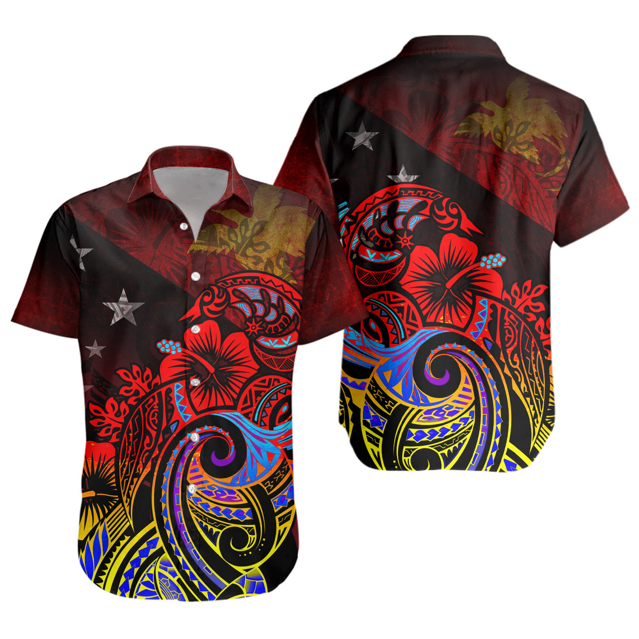 Papua New Guinea Short Sleeve Shirt Birds Of Paradise With Flag Color Style