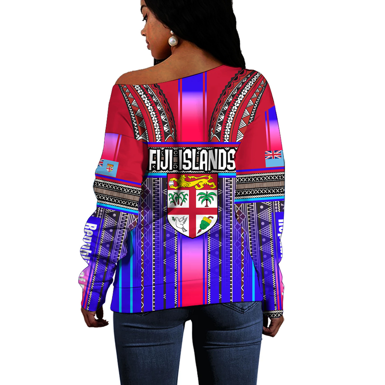 Fiji Off Shoulder Sweatshirt Fijian Traditional Masi Patterns Red