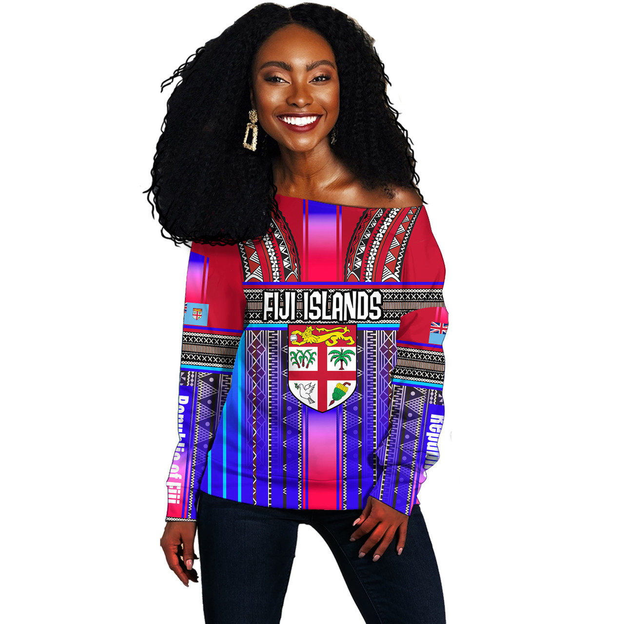 Fiji Off Shoulder Sweatshirt Fijian Traditional Masi Patterns Red