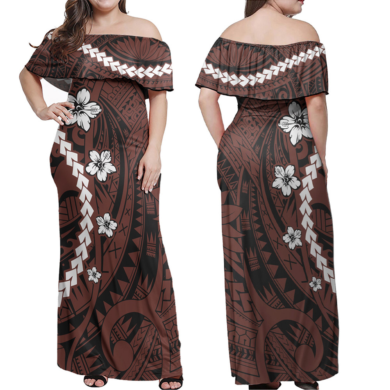 Combo Off Shoulder Long Dress And Shirt Polynesian Pattern White Hibiscus