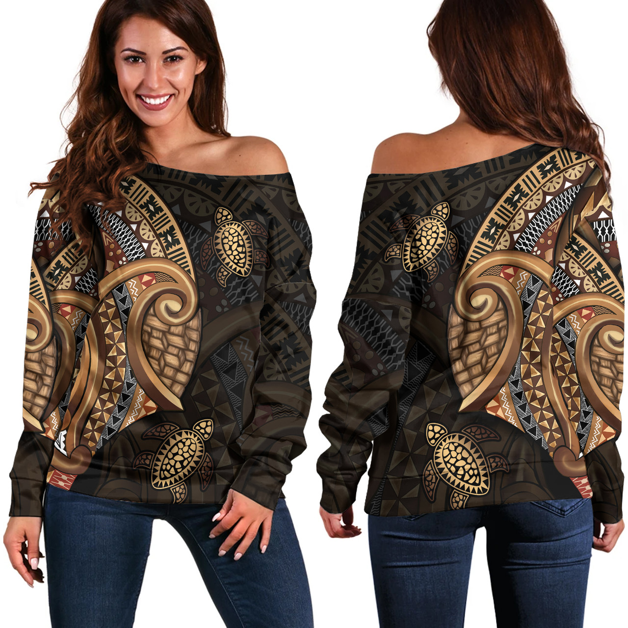 Fiji Off Shoulder Sweatshirt Golden Turtles Fiji Tribal Pattern