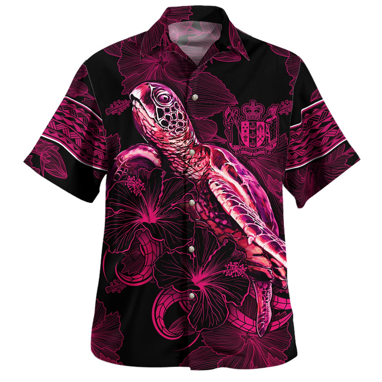 New Zealand Hawaiian Shirt Sea Turtle With Blooming Hibiscus Flowers Tribal Maroon