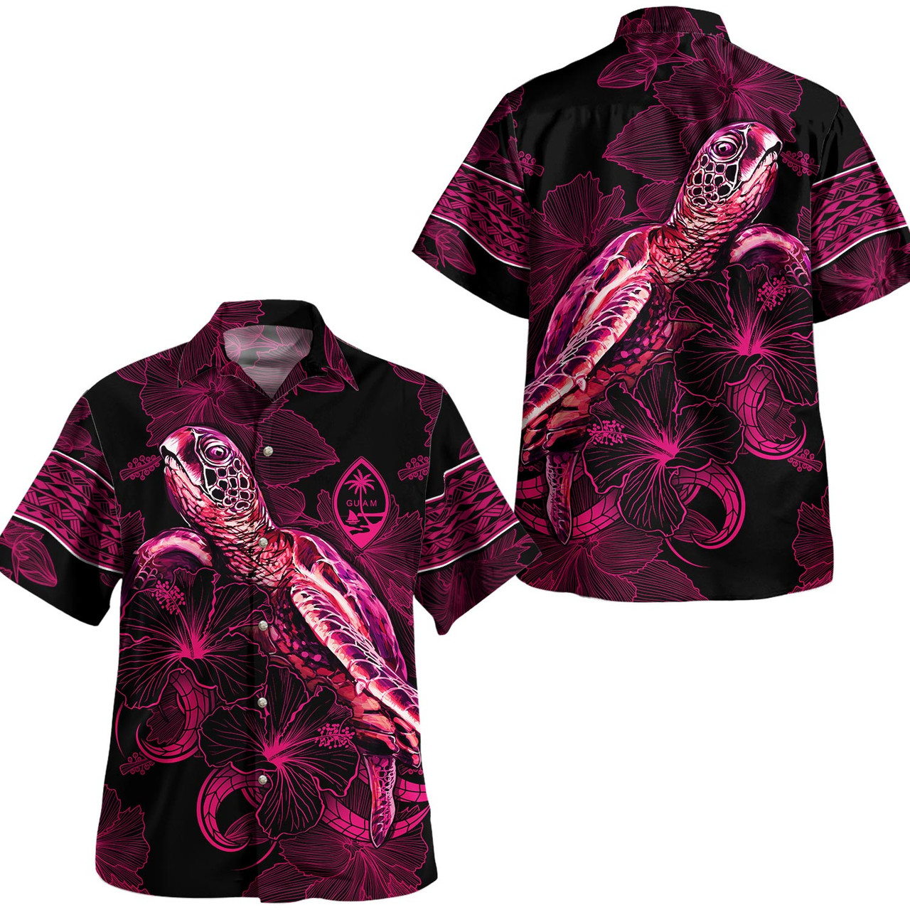 Guam Hawaiian Shirt Sea Turtle With Blooming Hibiscus Flowers Tribal Maroon