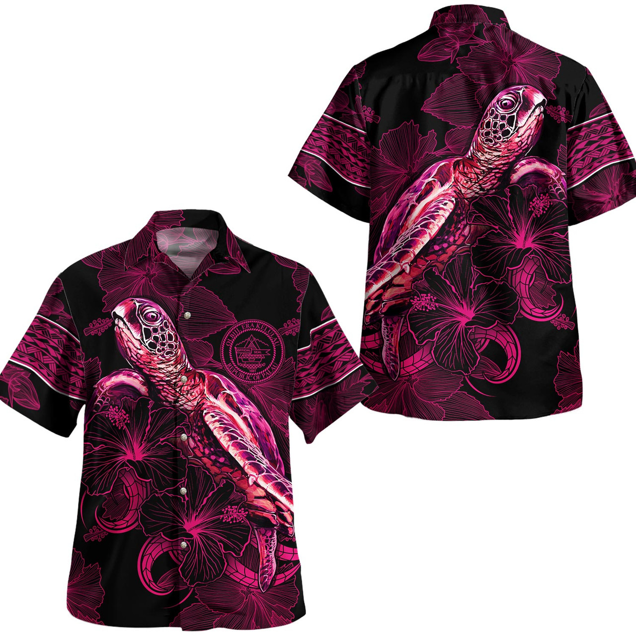 Palau Hawaiian Shirt Sea Turtle With Blooming Hibiscus Flowers Tribal Maroon