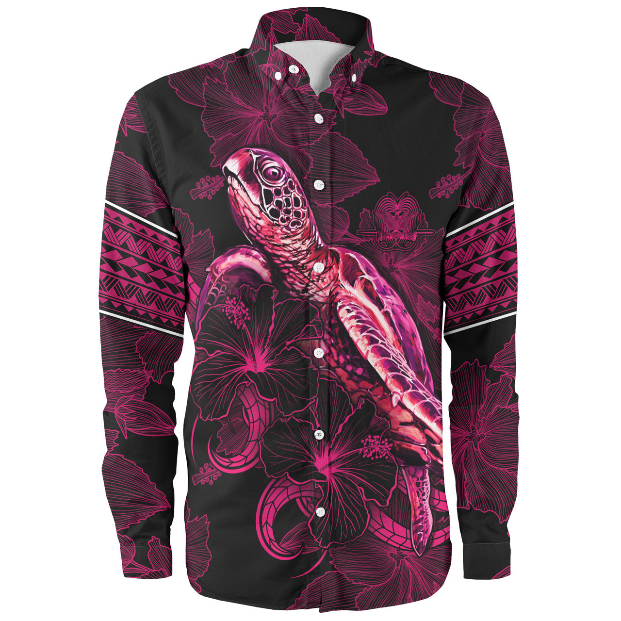Papua New Guinea Long Sleeve Shirt Sea Turtle With Blooming Hibiscus Flowers Tribal Maroon