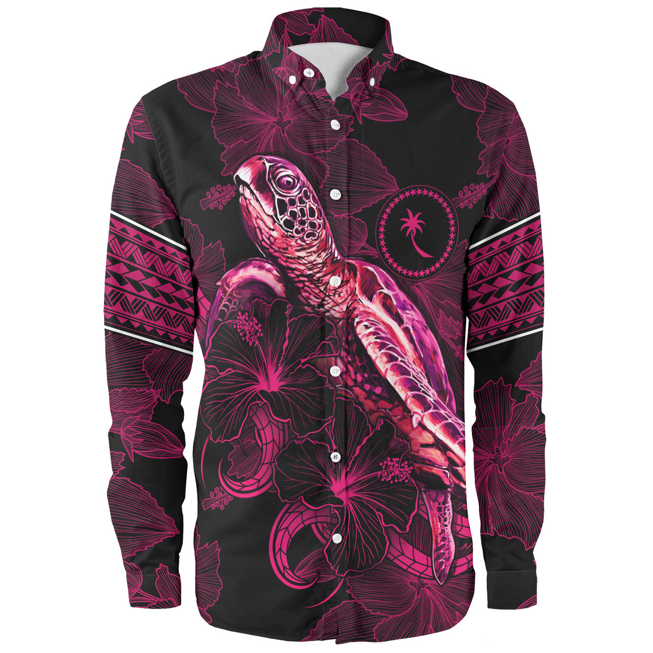 Chuuk State Long Sleeve Shirt Sea Turtle With Blooming Hibiscus Flowers Tribal Maroon