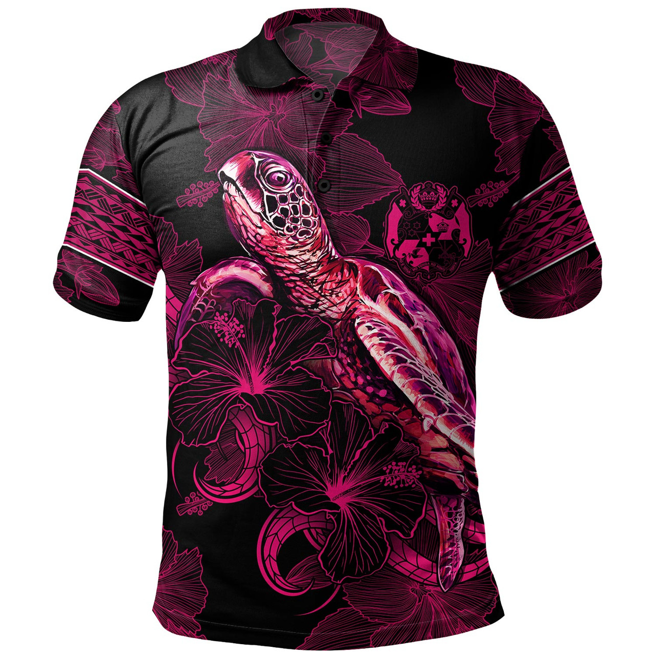 Tonga Polo Shirt Sea Turtle With Blooming Hibiscus Flowers Tribal Maroon