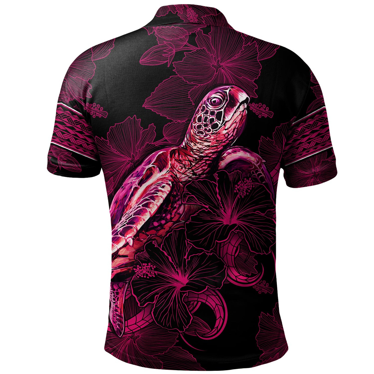 Papua New Guinea Polo Shirt Sea Turtle With Blooming Hibiscus Flowers Tribal Maroon