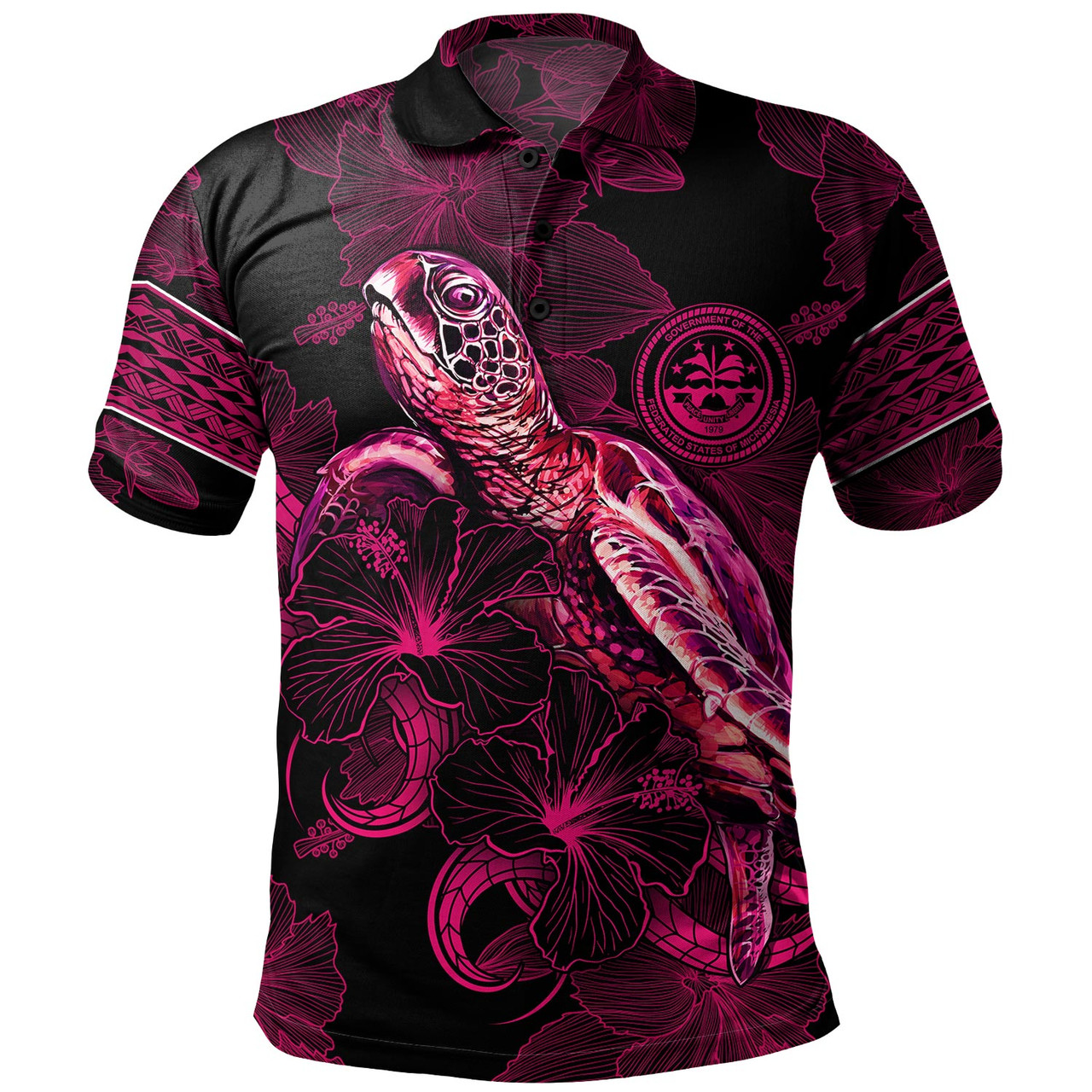 Federated States Of Micronesia Polo Shirt Sea Turtle With Blooming Hibiscus Flowers Tribal Maroon