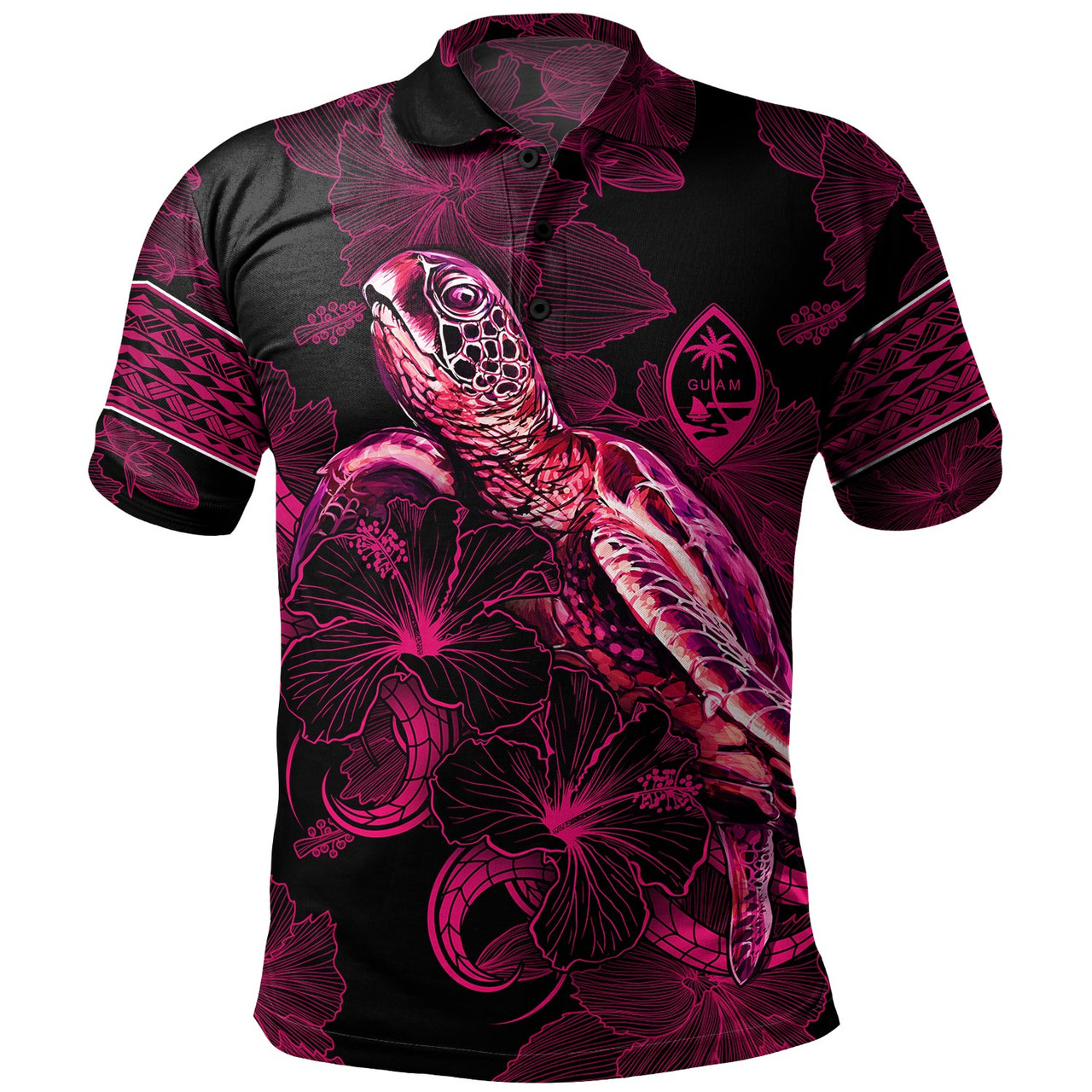 Guam Polo Shirt Sea Turtle With Blooming Hibiscus Flowers Tribal Maroon