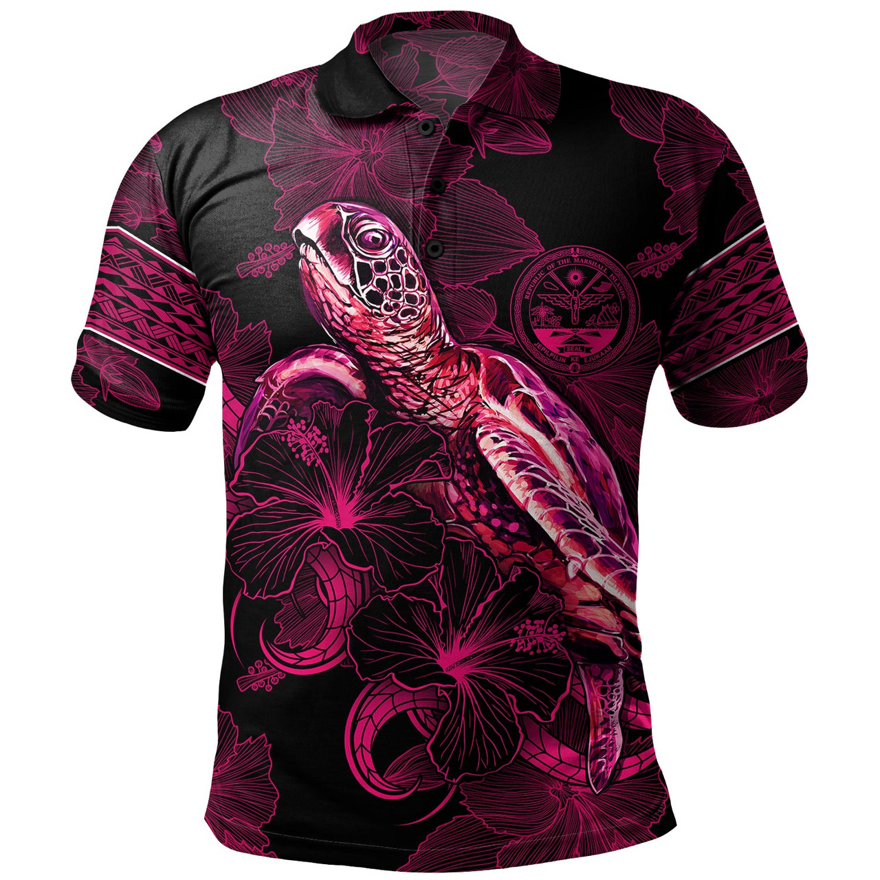 Marshall Islands Polo Shirt Sea Turtle With Blooming Hibiscus Flowers Tribal Maroon