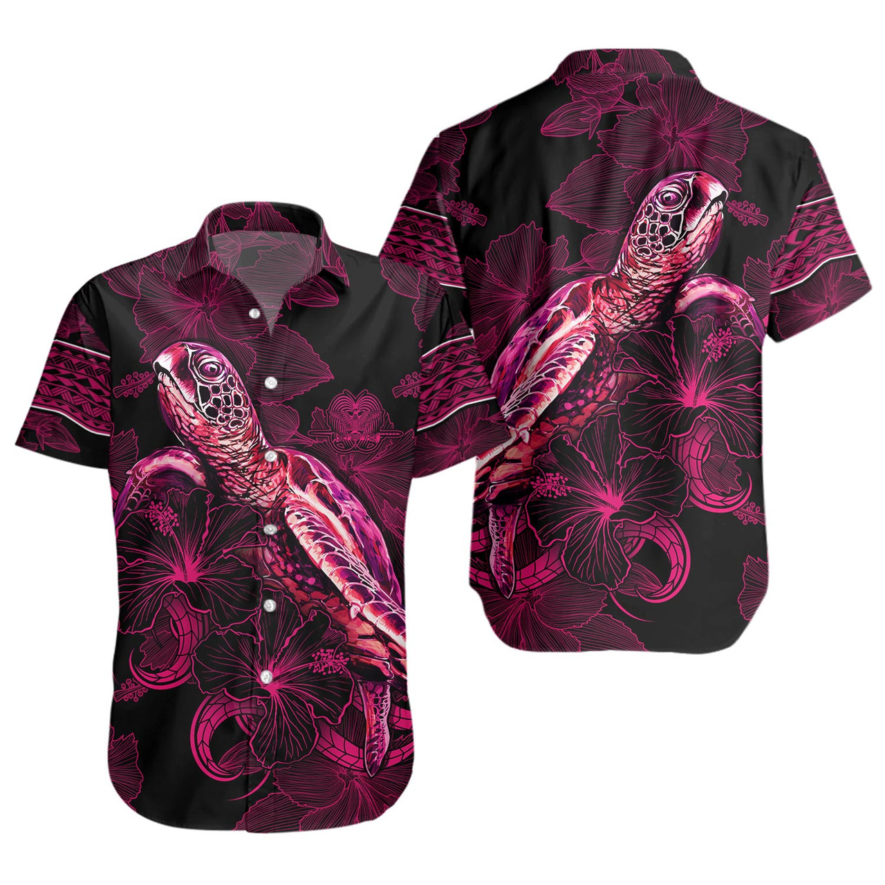Papua New Guinea Short Sleeve Shirt Sea Turtle With Blooming Hibiscus Flowers Tribal Maroon