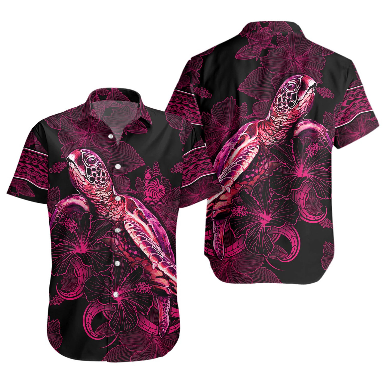 New Caledonia Short Sleeve Shirt Sea Turtle With Blooming Hibiscus Flowers Tribal Maroon