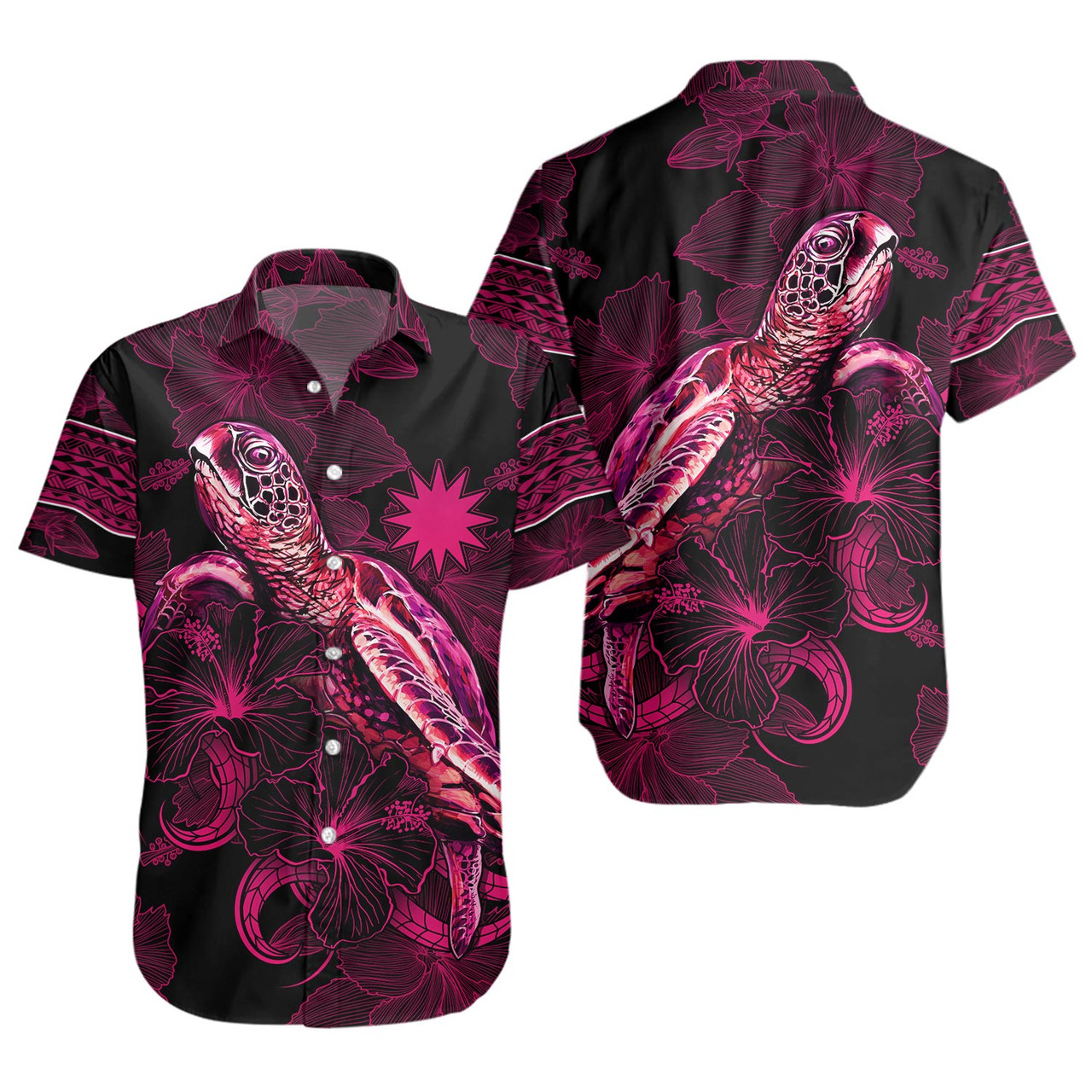 Nauru Short Sleeve Shirt Sea Turtle With Blooming Hibiscus Flowers Tribal Maroon