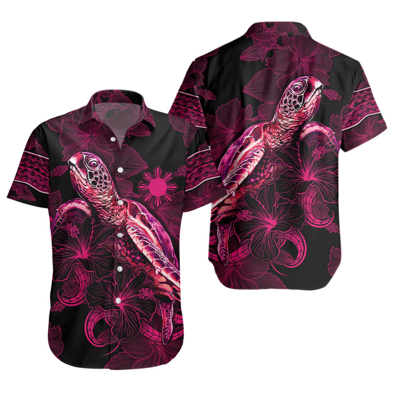 Philippines Filipinos Short Sleeve Shirt Sea Turtle With Blooming Hibiscus Flowers Tribal Maroon