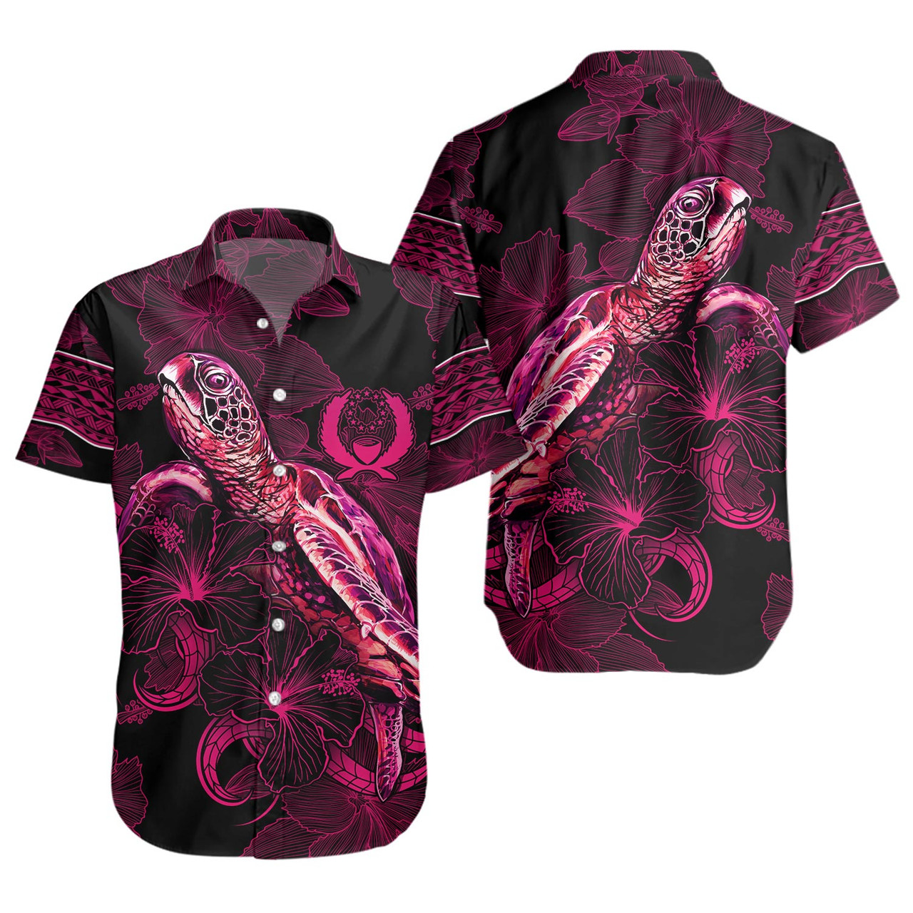 Pohnpei State Short Sleeve Shirt Sea Turtle With Blooming Hibiscus Flowers Tribal Maroon